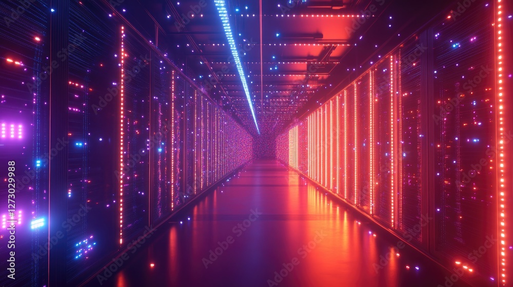 Poster A dynamic scene of glowing network cables in a high-tech data center tunnel, representing the modern era of digital connections and innovations.