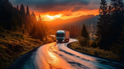 Scenic Sunset Trucking Semi Truck on Winding Mountain Road at Golden Hour