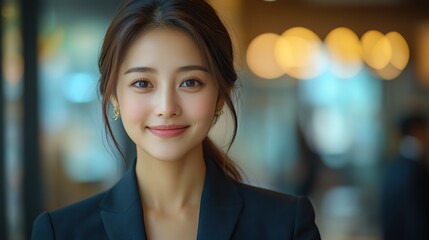 Obraz premium professional asian businesswoman in suit with headset smiling while providing customer support services in a modern office environment