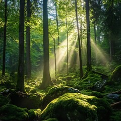 green forest clearing shining under bright sun image