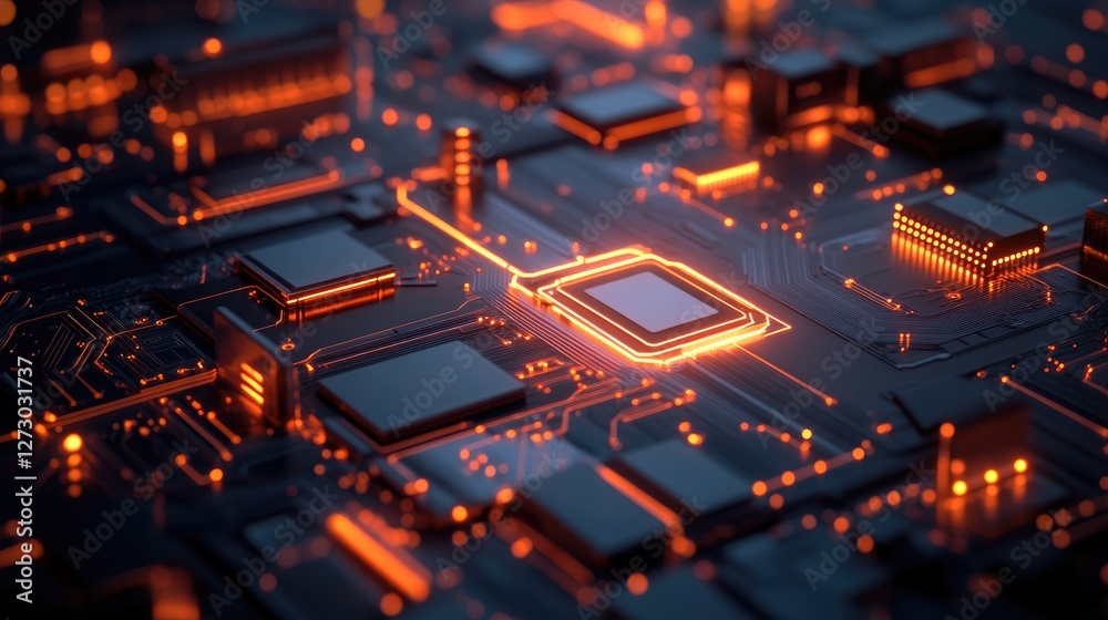 Poster A futuristic circuit board design with glowing digital elements, symbolizing advanced technology and innovation in modern electronics.