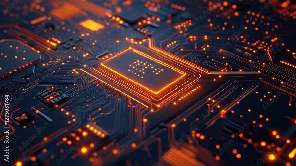 Poster A futuristic circuit board design with glowing digital elements, symbolizing advanced technology and innovation in modern electronics.