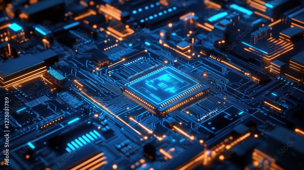 Aufkleber A futuristic circuit board design with glowing digital elements, symbolizing advanced technology and innovation in modern electronics.