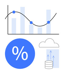 Data chart with line graph and bar graph, blue percentage symbol, cloud storage icon. Ideal for data analysis, cloud computing, finance, statistics, business growth, digital transformation market