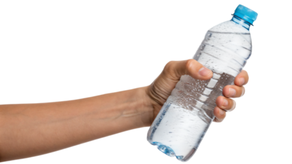 hand holding a bottle of water isolated on white