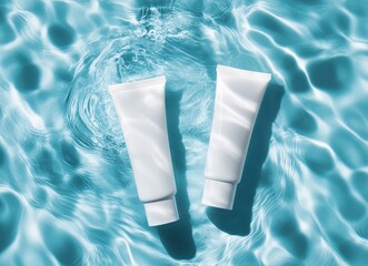 White Cosmetic Tube Mockup Floating on Tranquil Blue Water Surface for Product Display and Branding