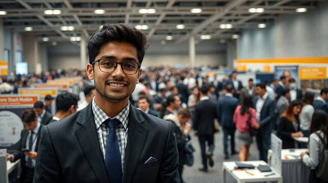 Indian Student at Career Fair Networking with Booths and Professionals in University Campus
