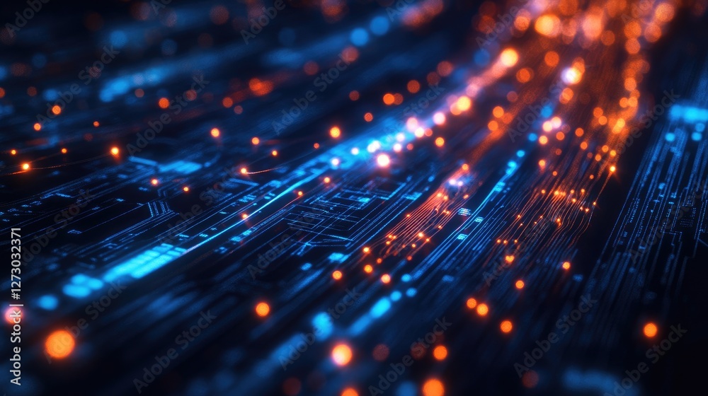 Poster a futuristic scene of fiber optic strands glowing with data transmission across a circuit board, sym