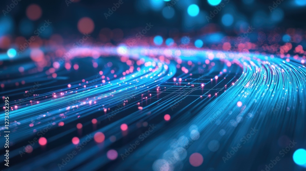 Poster a futuristic scene of fiber optic strands glowing with data transmission across a circuit board, sym