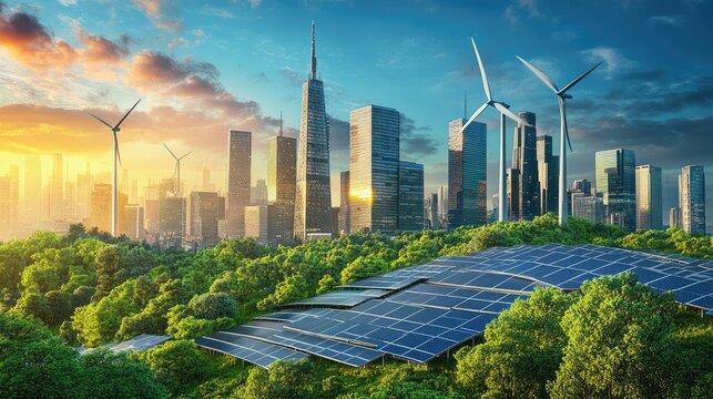 A futuristic sustainable city with solar panels, wind turbines, and green energy solutions, showcasing the eco-friendly urban development of tomorrow.