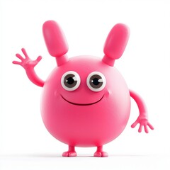Pink round monster with big floppy ears waving hello isolated on white background