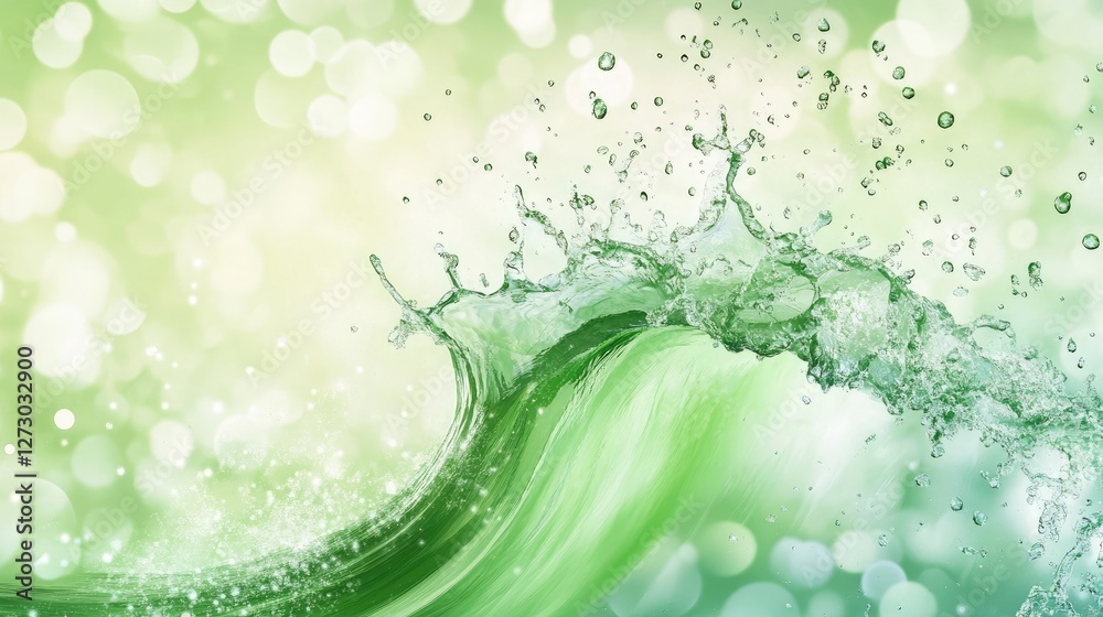 Poster a green wave splashing with droplets, set against a bokeh background, symbolizing the freshness and 