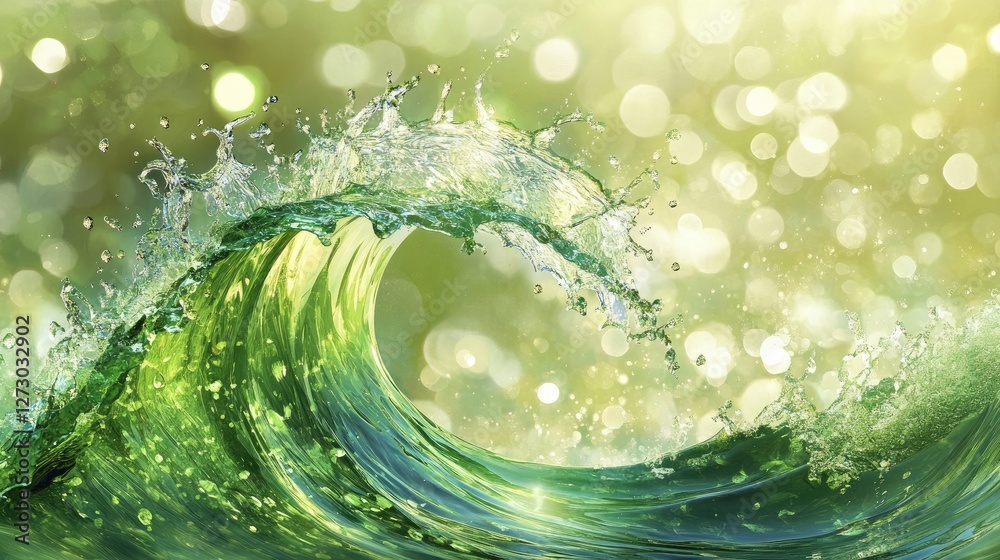 Poster A green wave splashing with droplets, set against a bokeh background, symbolizing the freshness and beauty of nature water elements.