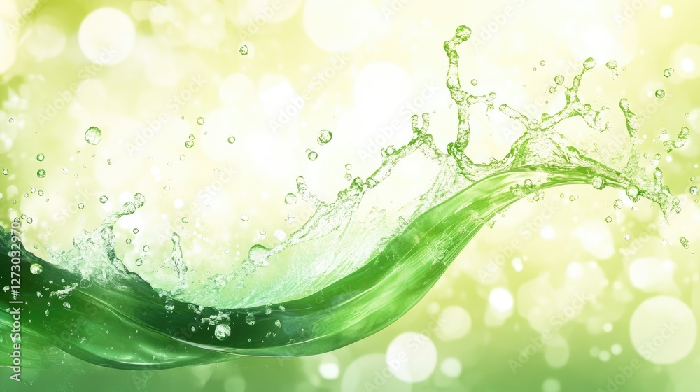 Poster a green wave splashing with droplets, set against a bokeh background, symbolizing the freshness and 