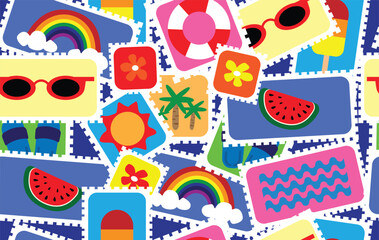 Summer pattern seamless fabric summer season. beach elements on stamp frames on blue. Designed for background ,wallpaper ,summer pattern ,wrapping paper ,travel ,holiday ,weekend ,vacation ,beach
