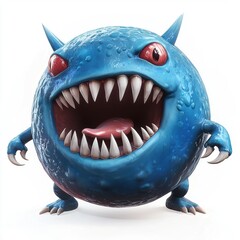 Fototapeta premium Round blue monster with sharp teeth and tiny arms isolated on white background