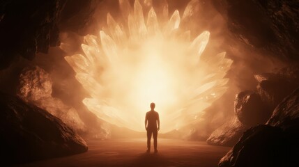 Obraz premium Heroic silhouette against glowing crystals enchanted cave fantasy scene mystical atmosphere dramatic perspective wonder