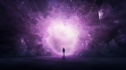 Mystical silhouette amidst glowing crystal formations enchanted cave digital dark environment front view fantasy concept