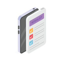 An isometric icon of a smartphone displaying a wishlist app.