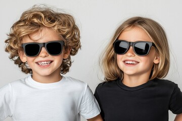 Obraz premium Happy children wearing sunglasses enjoy a fun moment together in a bright studio setting