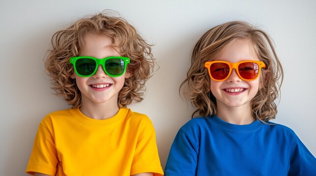 Two children wearing colorful sunglasses and bright t-shirts smile happily against a light background