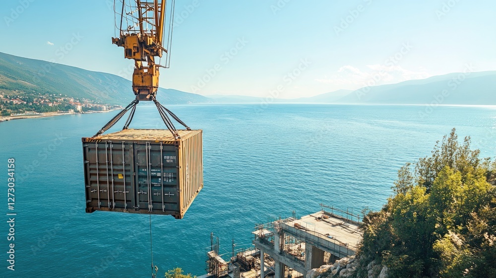 Poster a high-angle view of a crane lifting a cargo container at vlore seaport in albania, emphasizing the 