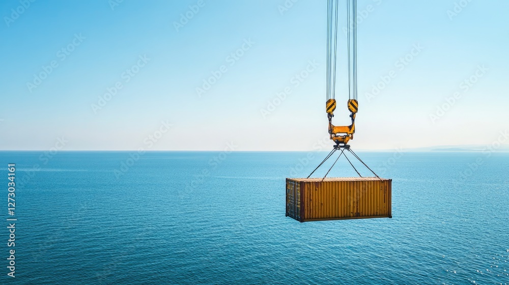 Poster a high-angle view of a crane lifting a cargo container at vlore seaport in albania, emphasizing the 