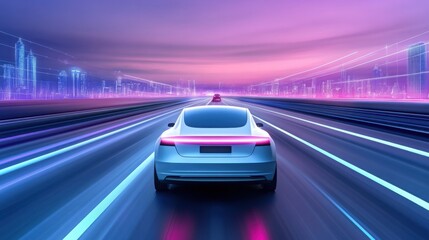 Fototapeta premium A self-driving car navigating a neon-lit smart city, AI-controlled traffic systems, cinematic sci-fi mood