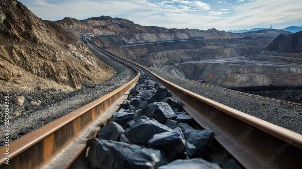 Poster A high-angle view of rocks moving along a conveyor belt in a mining area, with the vast open pit and rugged terrain in the background.