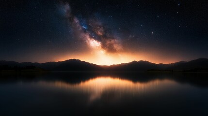 Fototapeta premium Tranquil night over a reflective lake serene landscape nature photography peaceful environment wide angle dreamy concept