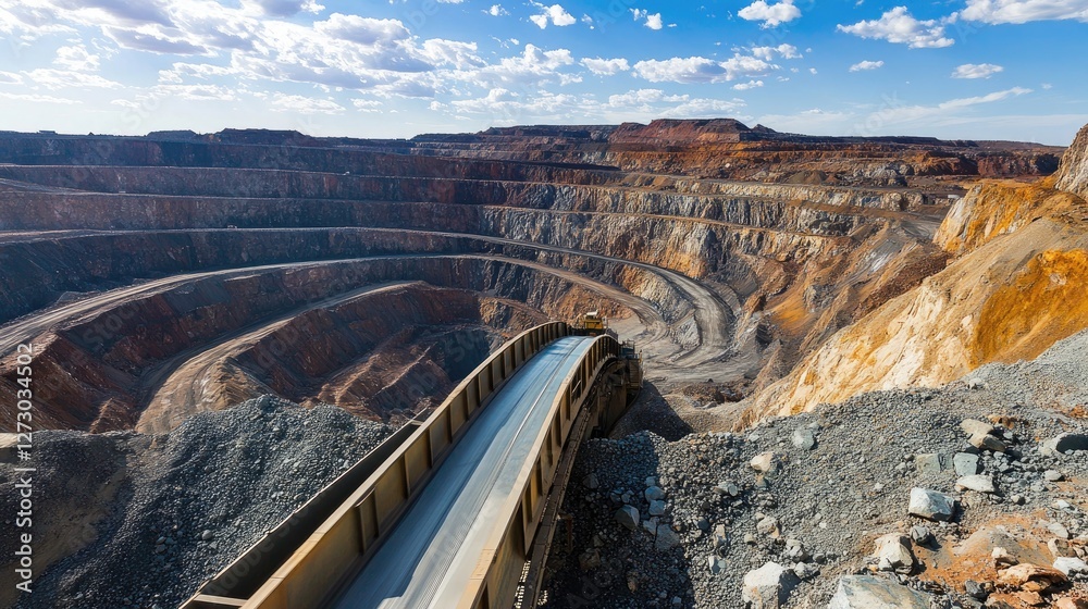 Poster A high-angle view of rocks moving along a conveyor belt in a mining area, with the vast open pit and rugged terrain in the background.