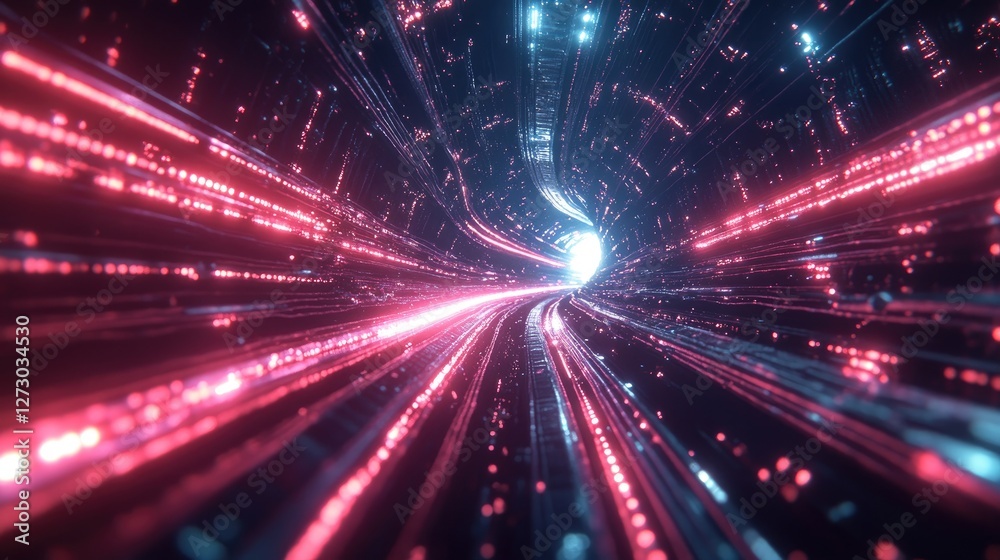 Fototapete A high-tech data center with glowing network cables, creating a futuristic tunnel effect, emphasizing fast digital data transfer.