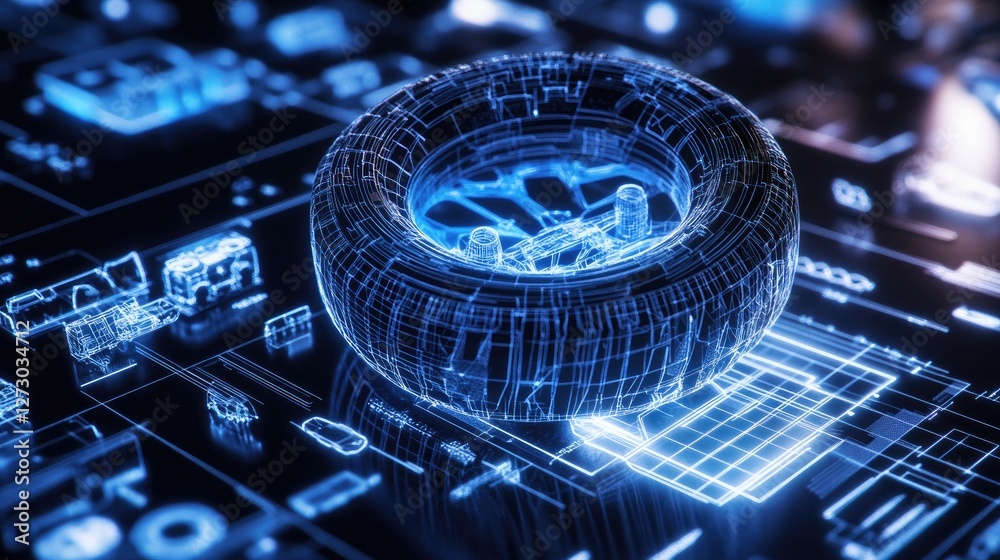Poster a holographic display of a futuristic wireframe tire and automotive parts above a blueprint, highlig