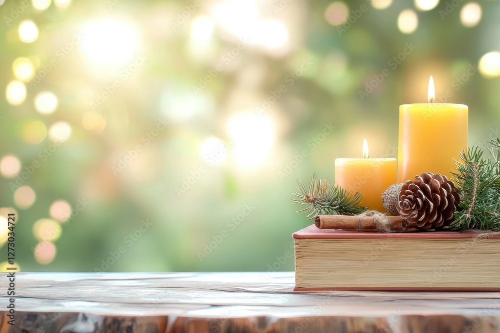 Aufkleber Warm candles pinecone and cinnamon sticks on book against soft bokeh background creating cozy atmosphere