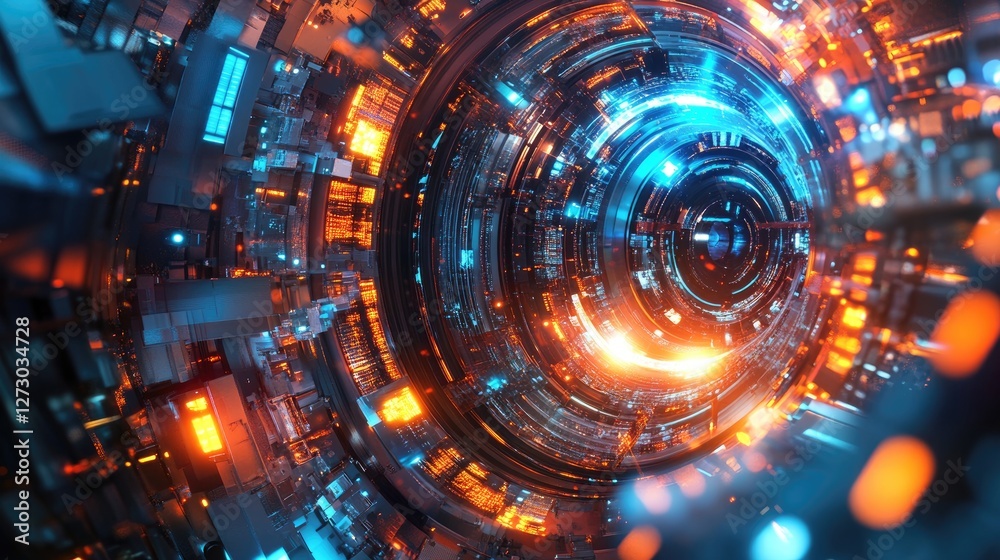 Poster a holographic engine rotating in a high-tech factory, surrounded by intricate details and illuminate