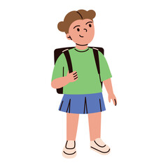 Vector illustration of cartoon school girl with backpack, wearing green shirt and blue skirt. Cute and happy child standing confidently. Elementary student character. Flat and modern style