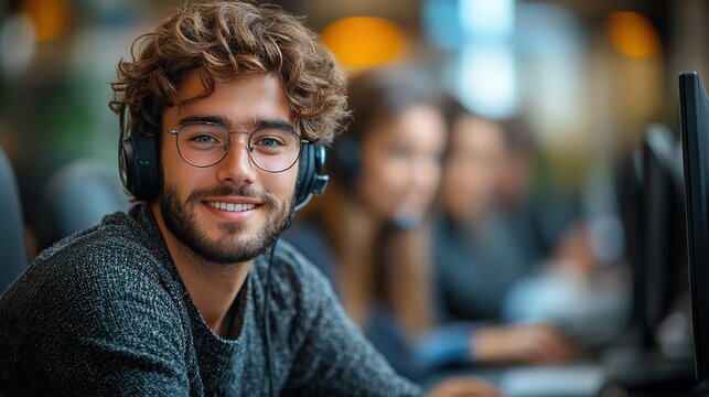 professional young male customer service agent providing telemarketing support in a modern call center office environment