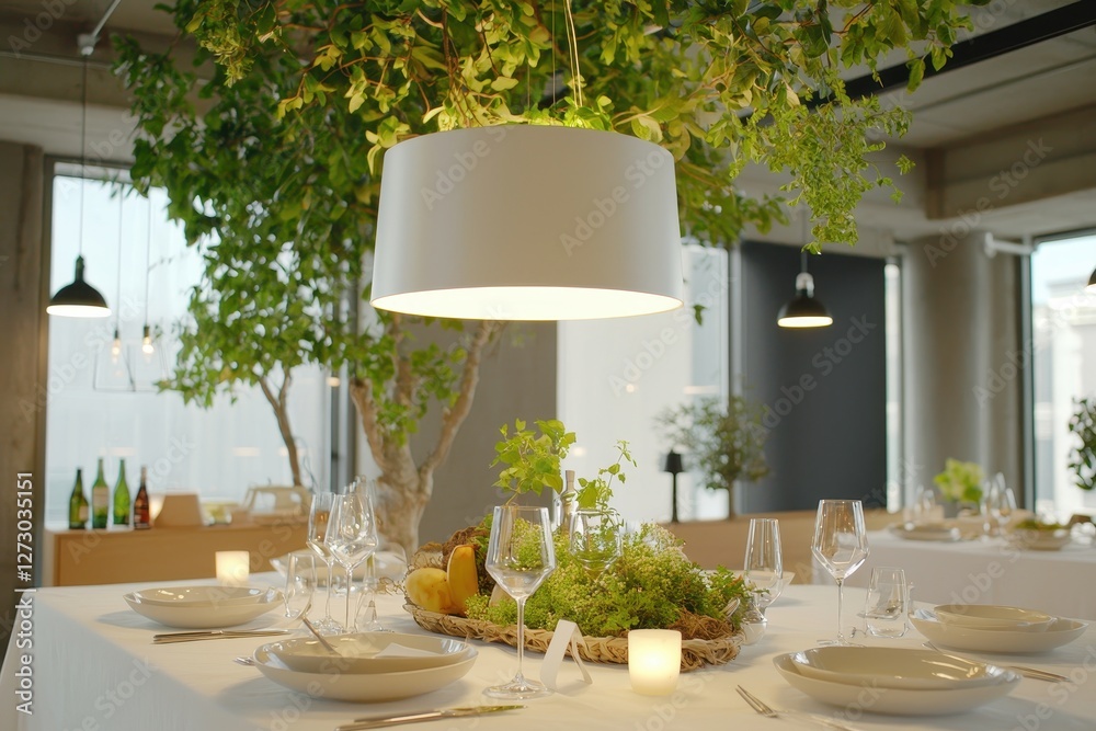 Poster Elegant dining table setting with lush greenery and soft lighting creating a serene and inviting atmosphere for a special occasion or celebration