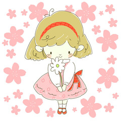 プレゼントの白い花を持つピンク色のワンピースの女の子　背景桜
