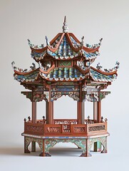 Fototapeta premium A stunning Chinese pavilion features elaborate wood carvings and vibrant tile work, beautifully set against a subtle background, exemplifying traditional craftsmanship.