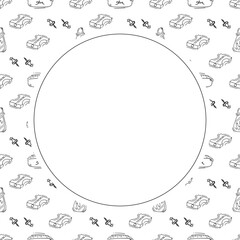 artist tool frame. doodle art supplies circle frame. hand drawn artist kit frame background. art material background