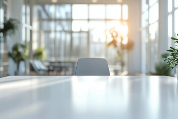 A modern office setting featuring a bright workspace with a white chair, plants, and abundant natural light.