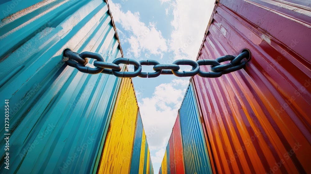 Poster a large chain blocking access between colorful cargo containers, symbolizing disruptions, sanctions,