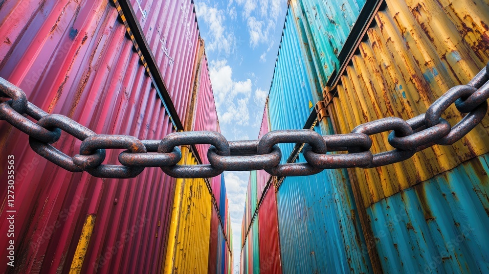 Poster a large chain blocking access between colorful cargo containers, symbolizing disruptions, sanctions,