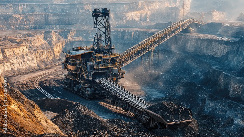 Aufkleber A large conveyor belt transporting rocks in an open-pit mining area, showcasing the industrial scale and heavy machinery used in mining operations.