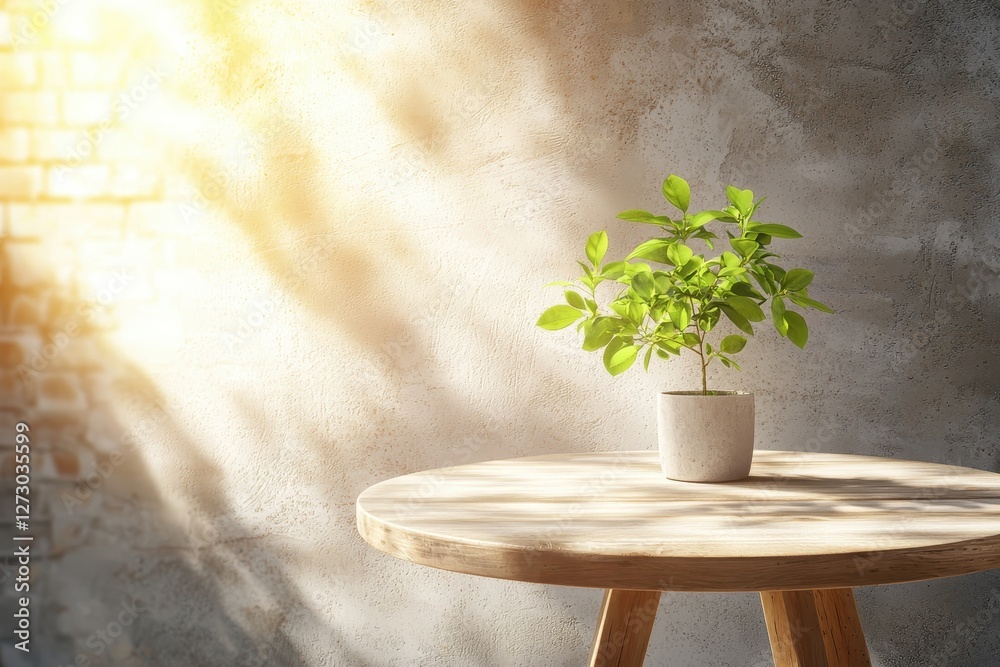 Poster serene indoor scene showcasing a small potted plant on a round wooden table against a textured wall 