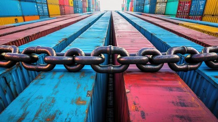 A large chain blocking access between colorful cargo containers, symbolizing disruptions, sanctions, and trade wars in global commerce and international trade.