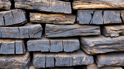 Weathered wood blocks stacked outdoors, textured background, construction material