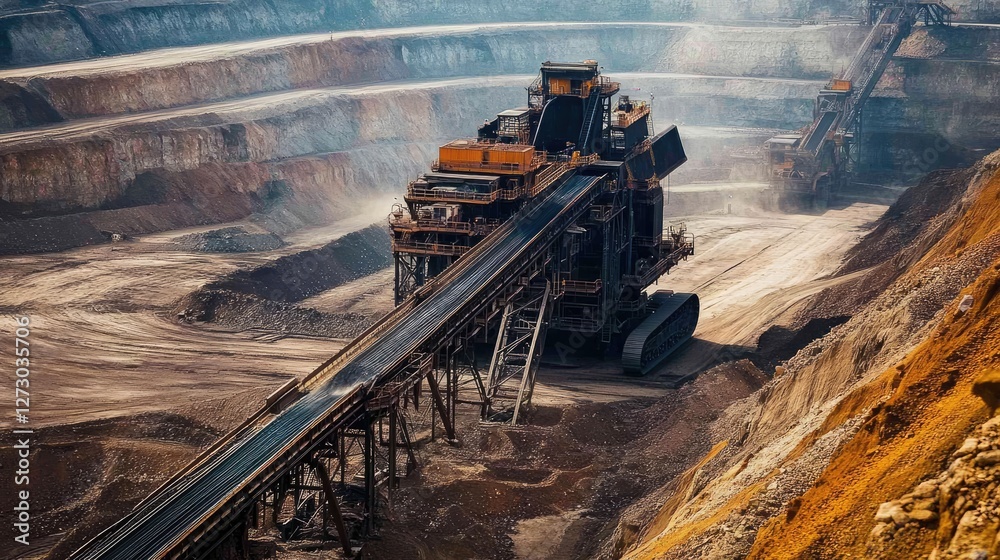 Poster A large conveyor belt transporting rocks in an open-pit mining area, showcasing the industrial scale and heavy machinery used in mining operations.
