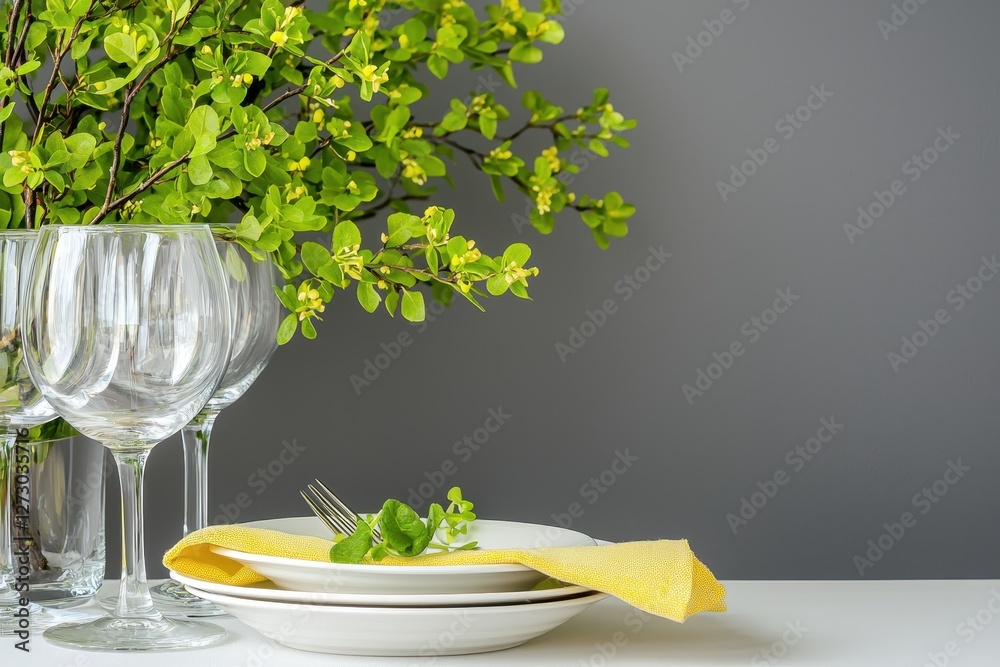 Poster Elegant table setting with fresh greenery and wine glasses against a serene gray background for spring dining